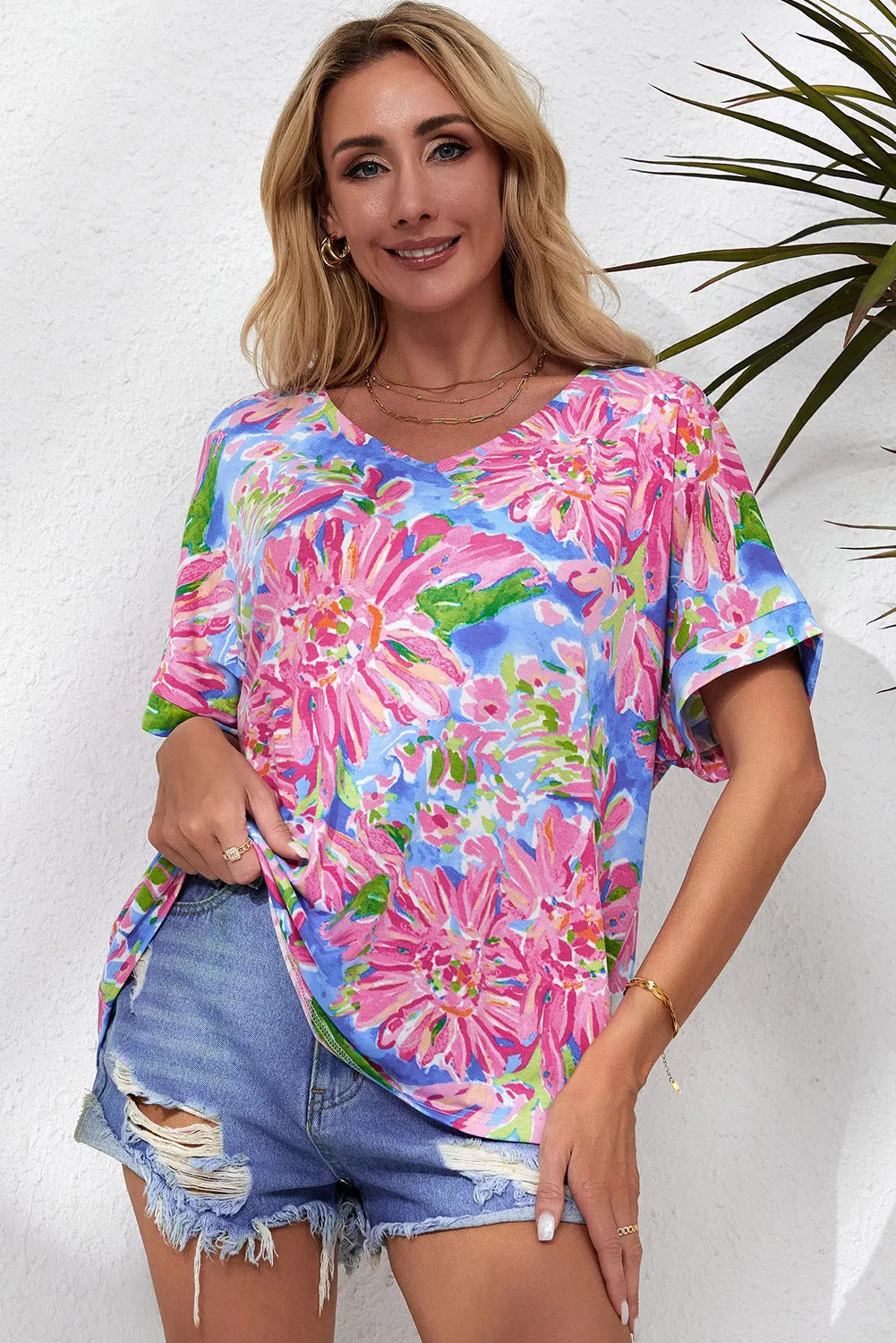 Pink Floral Print V Neck T Shirt