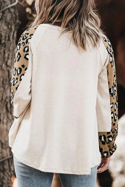 Plus Size Leopard Print V-Neck Raglan Sleeve Blouse