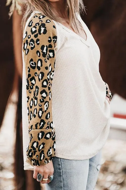 Plus Size Leopard Print V-Neck Raglan Sleeve Blouse