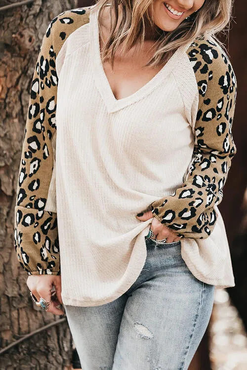 Plus Size Leopard Print V-Neck Raglan Sleeve Blouse