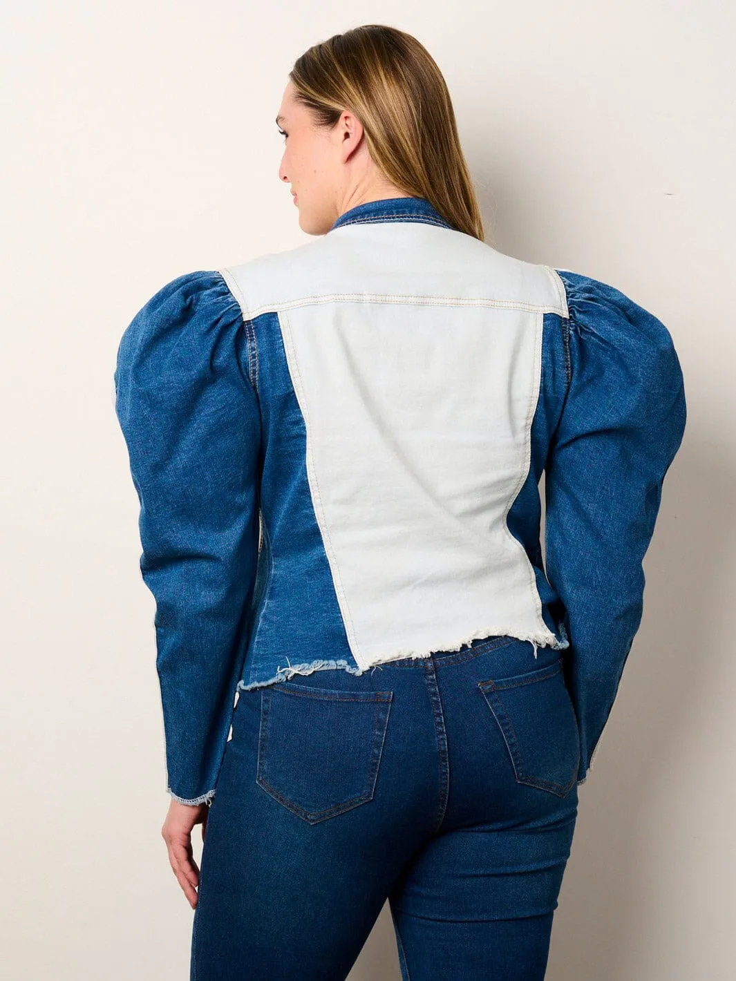 PLUS SIZE LONG PUFF SLEEVE BUTTON CLOSURE COLORBLOCK DENIM JACKET