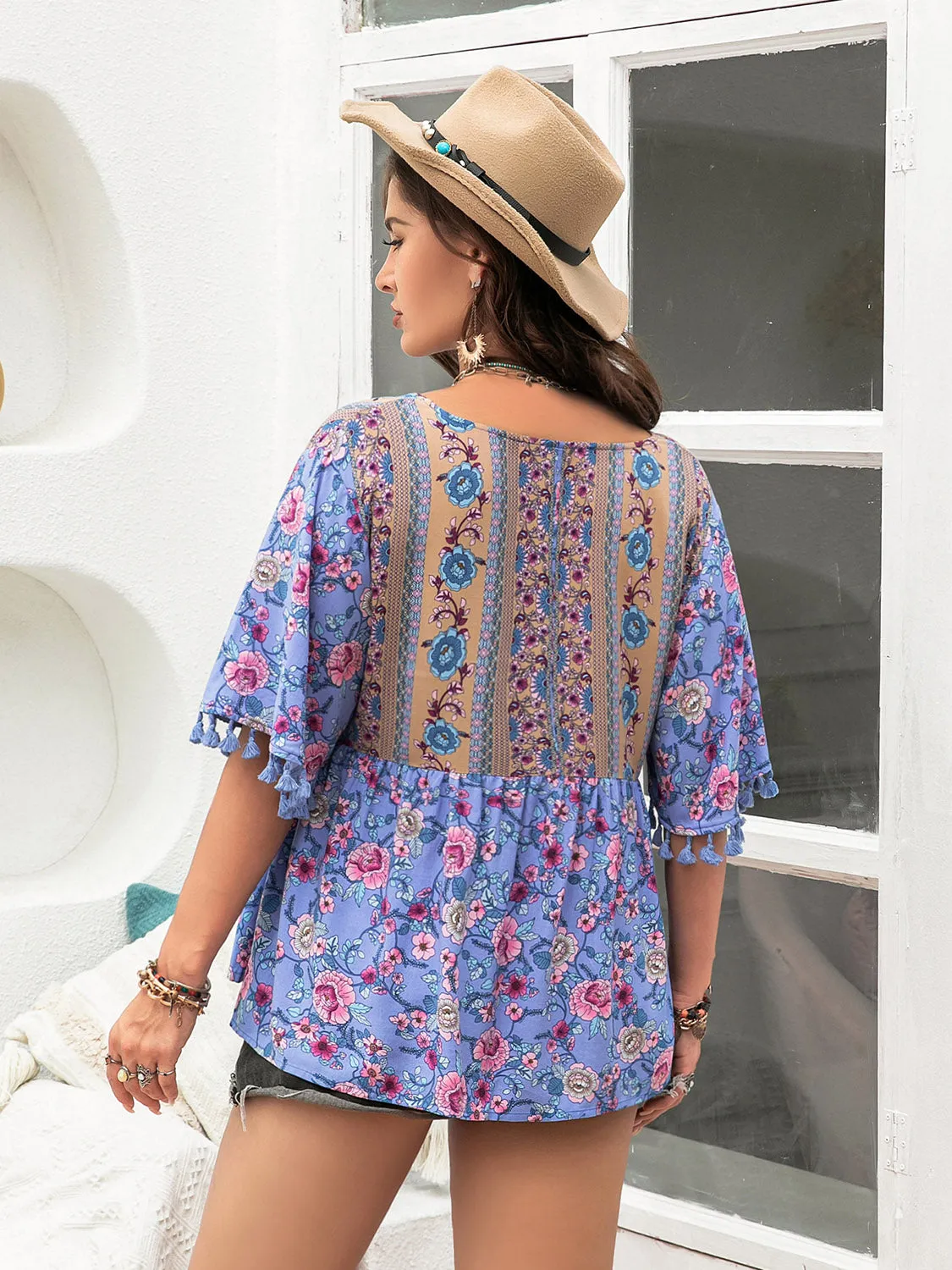 Plus Size Printed V-Neck Half Sleeve Blouse (2 Colors)