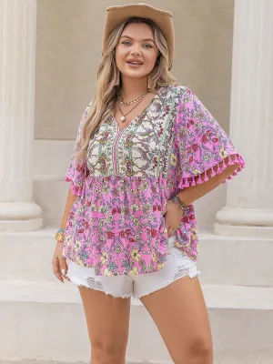 Plus Size Printed V-Neck Half Sleeve Blouse (2 Colors)