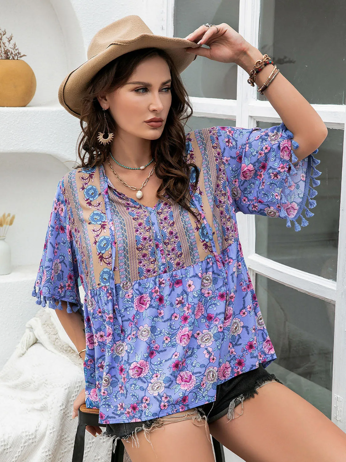 Plus Size Printed V-Neck Half Sleeve Blouse (2 Colors)