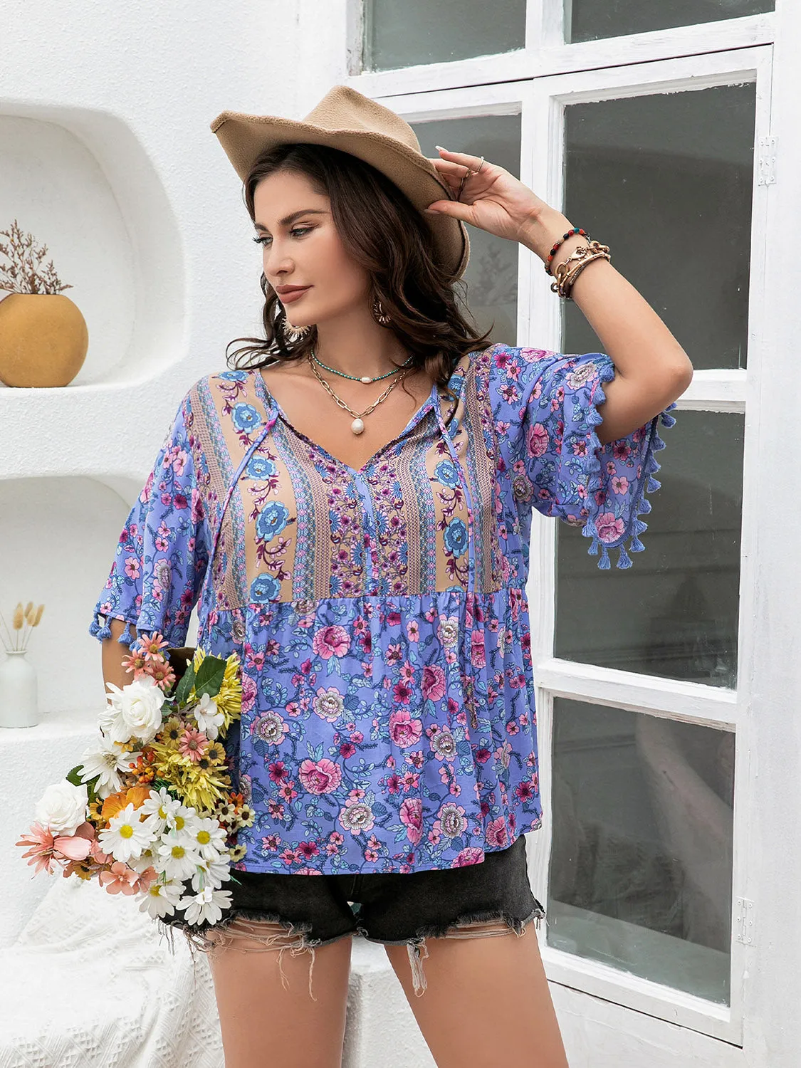 Plus Size Printed V-Neck Half Sleeve Blouse (2 Colors)