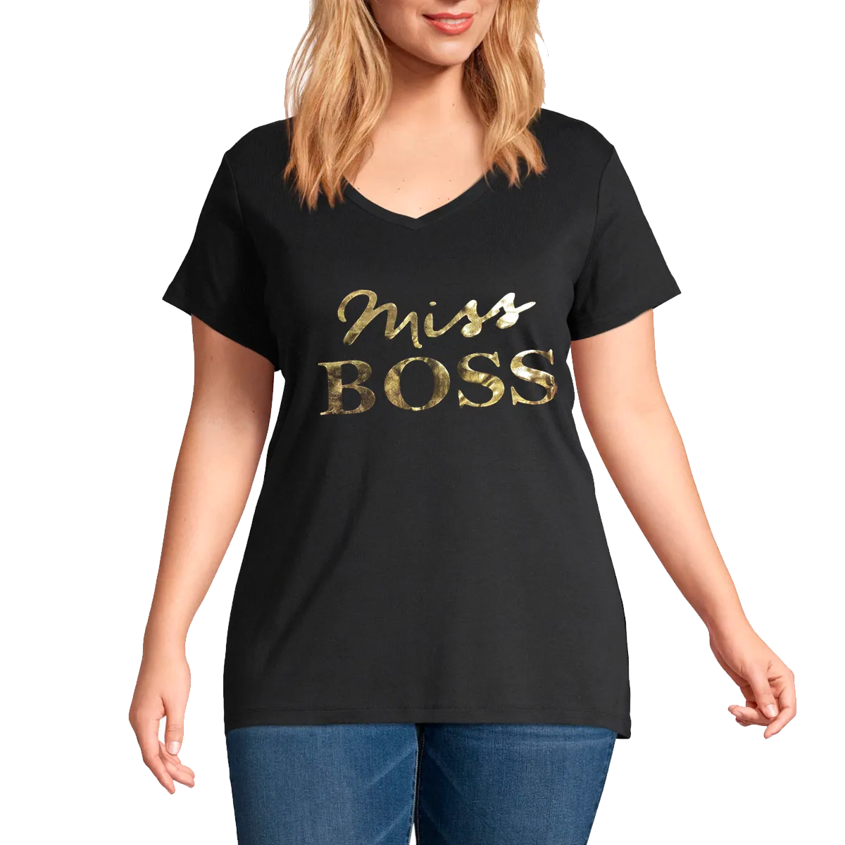 Plus V neck Short Sleeves Graphic T-Shirt-Miss Boss
