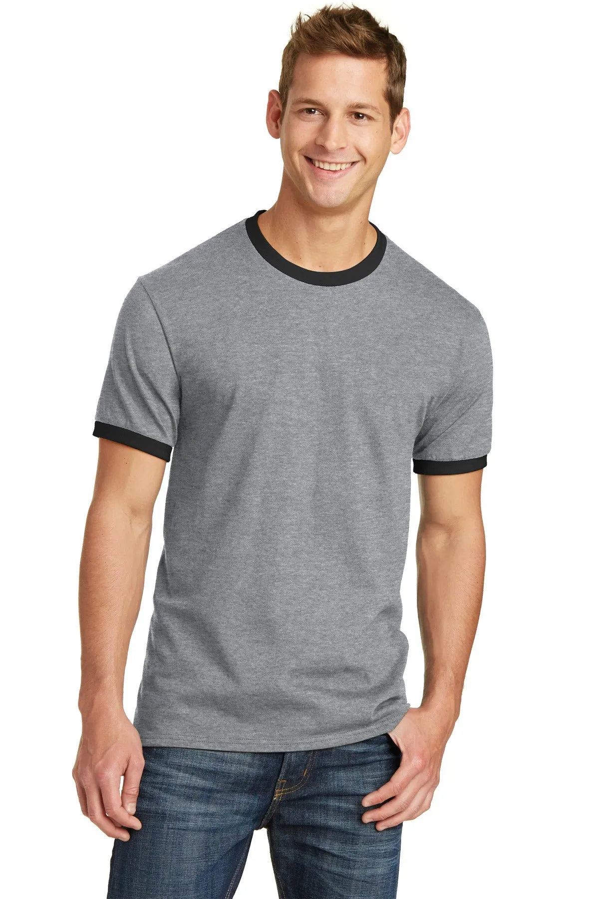 Port & Company Core Cotton Ringer Tee.  PC54R Athletic Heather/ Jet Black