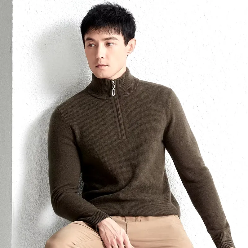 Premium Men Zipper Jumper 100% Cashmere Wool Sweater Pullover