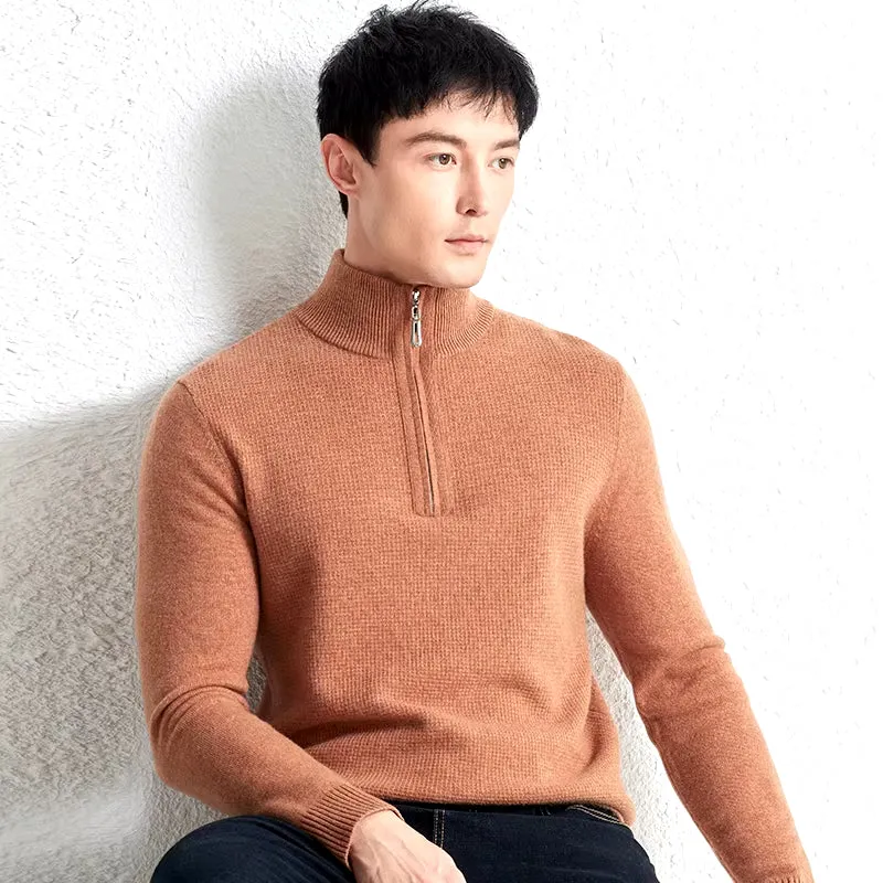 Premium Men Zipper Jumper 100% Cashmere Wool Sweater Pullover