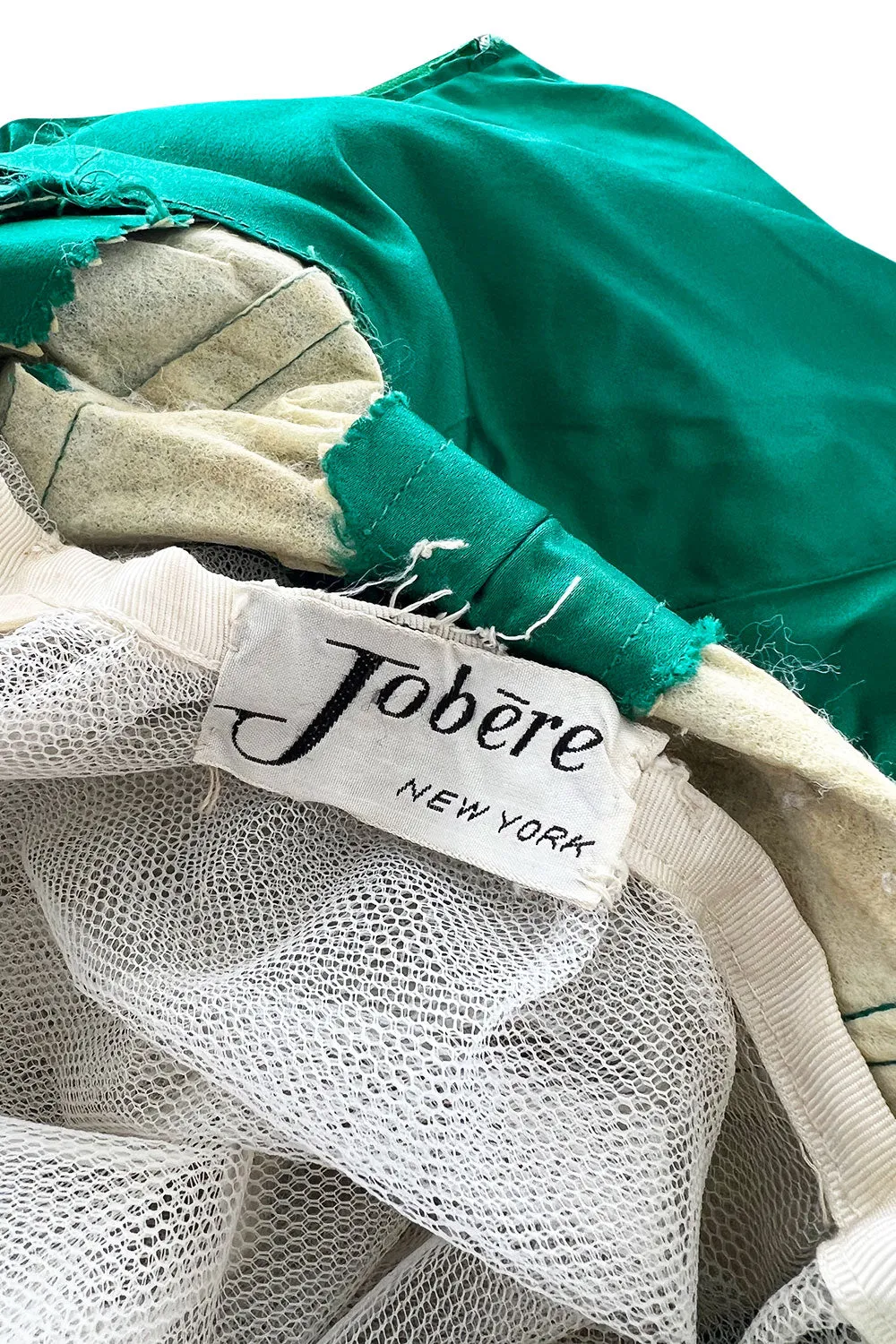 Pretty Little 1950s Jobere New York Brilliant Green Silk Satin Dress w Bead & Rhinestone Detail
