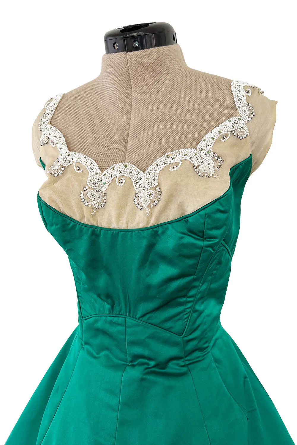 Pretty Little 1950s Jobere New York Brilliant Green Silk Satin Dress w Bead & Rhinestone Detail