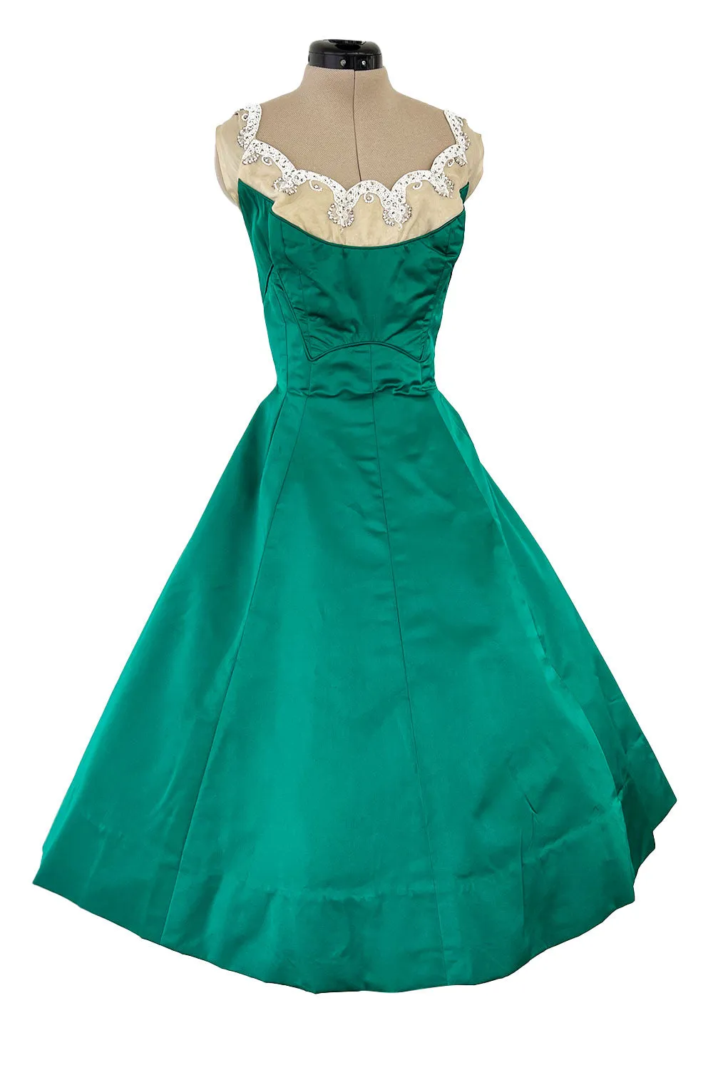 Pretty Little 1950s Jobere New York Brilliant Green Silk Satin Dress w Bead & Rhinestone Detail