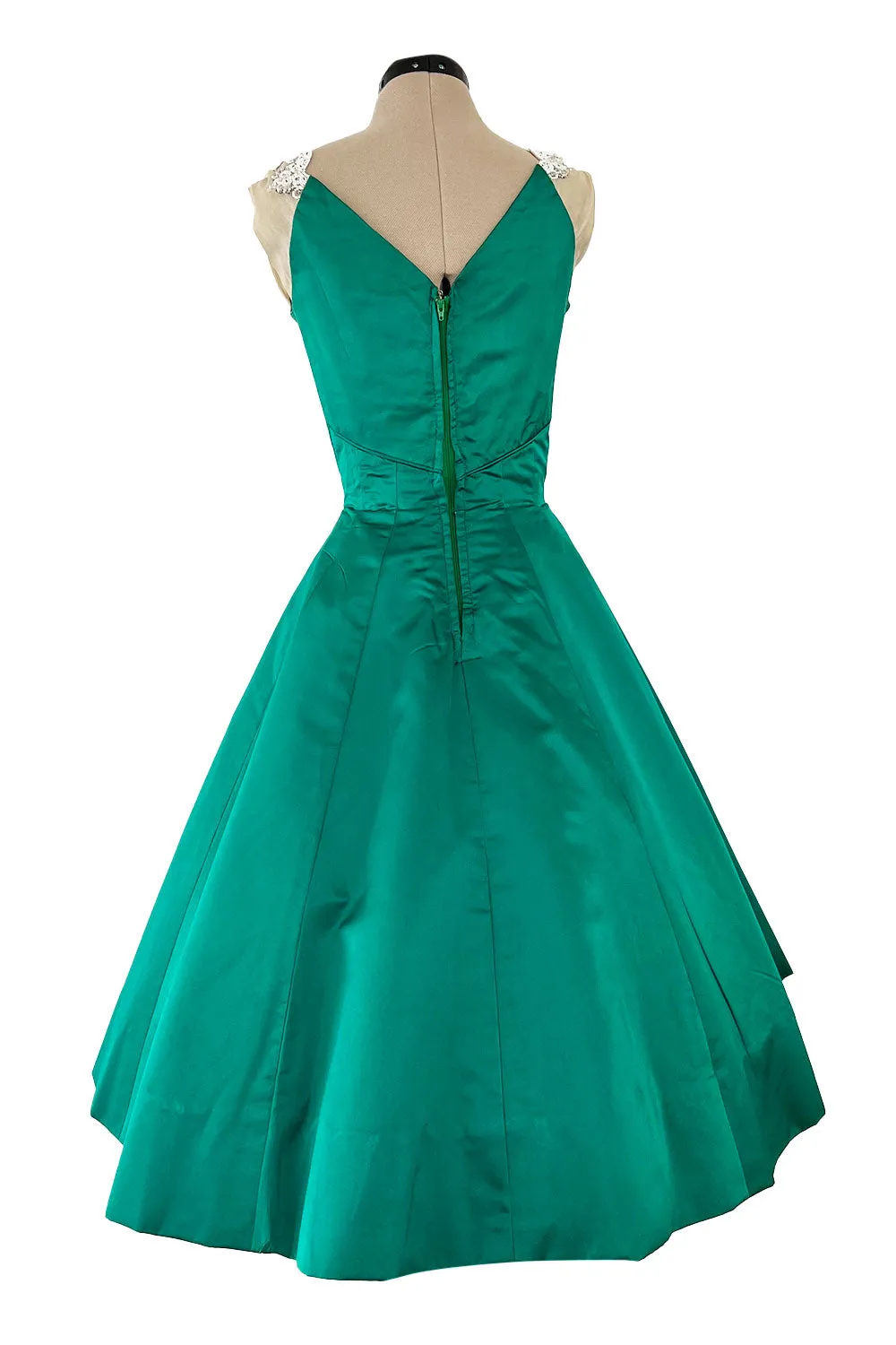 Pretty Little 1950s Jobere New York Brilliant Green Silk Satin Dress w Bead & Rhinestone Detail