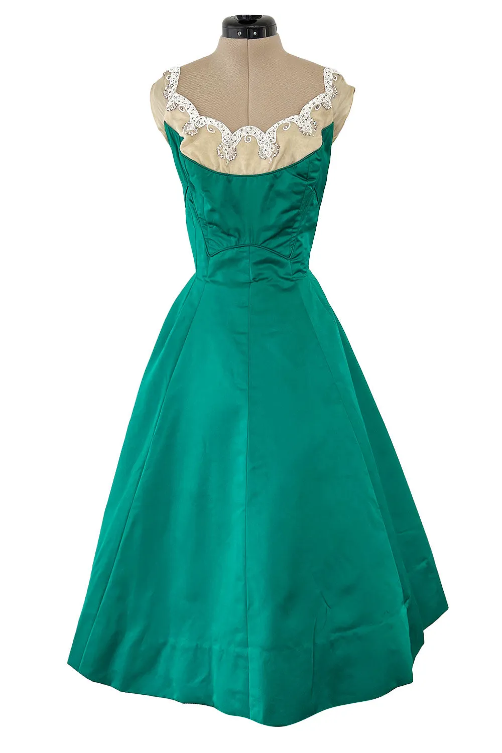Pretty Little 1950s Jobere New York Brilliant Green Silk Satin Dress w Bead & Rhinestone Detail
