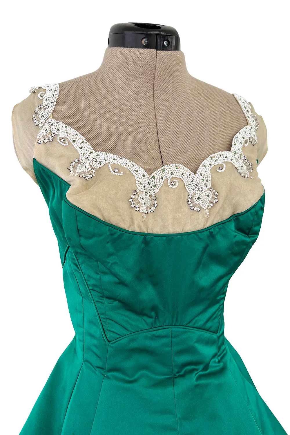 Pretty Little 1950s Jobere New York Brilliant Green Silk Satin Dress w Bead & Rhinestone Detail