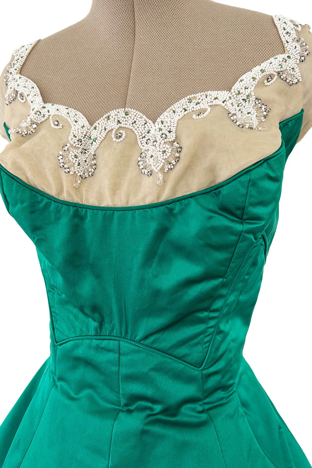 Pretty Little 1950s Jobere New York Brilliant Green Silk Satin Dress w Bead & Rhinestone Detail