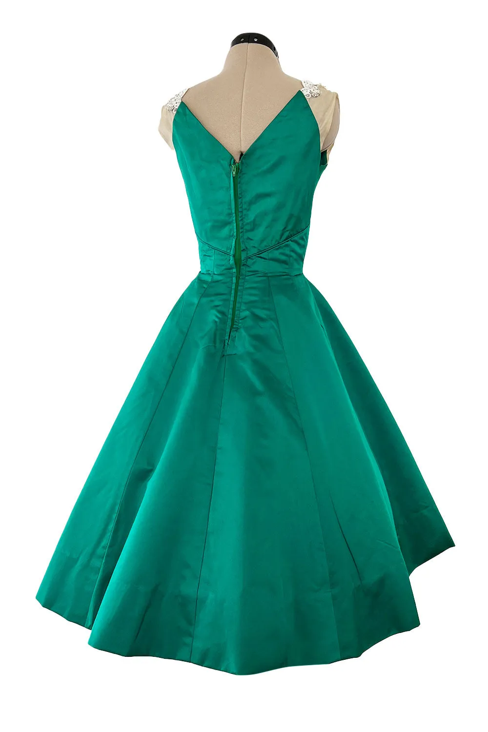 Pretty Little 1950s Jobere New York Brilliant Green Silk Satin Dress w Bead & Rhinestone Detail