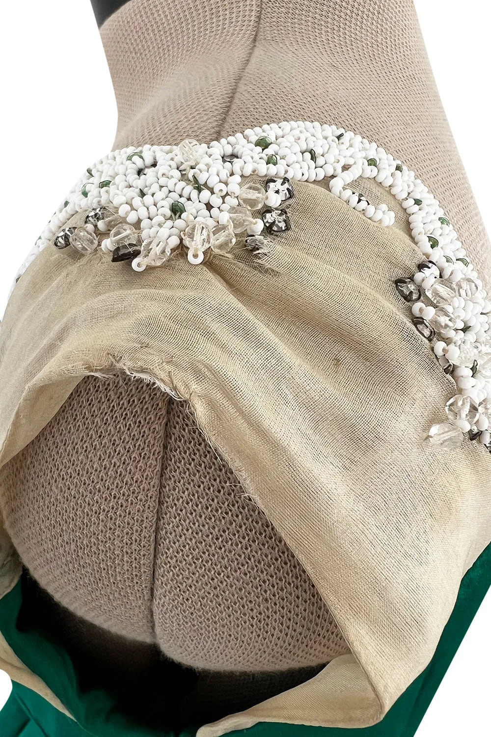 Pretty Little 1950s Jobere New York Brilliant Green Silk Satin Dress w Bead & Rhinestone Detail