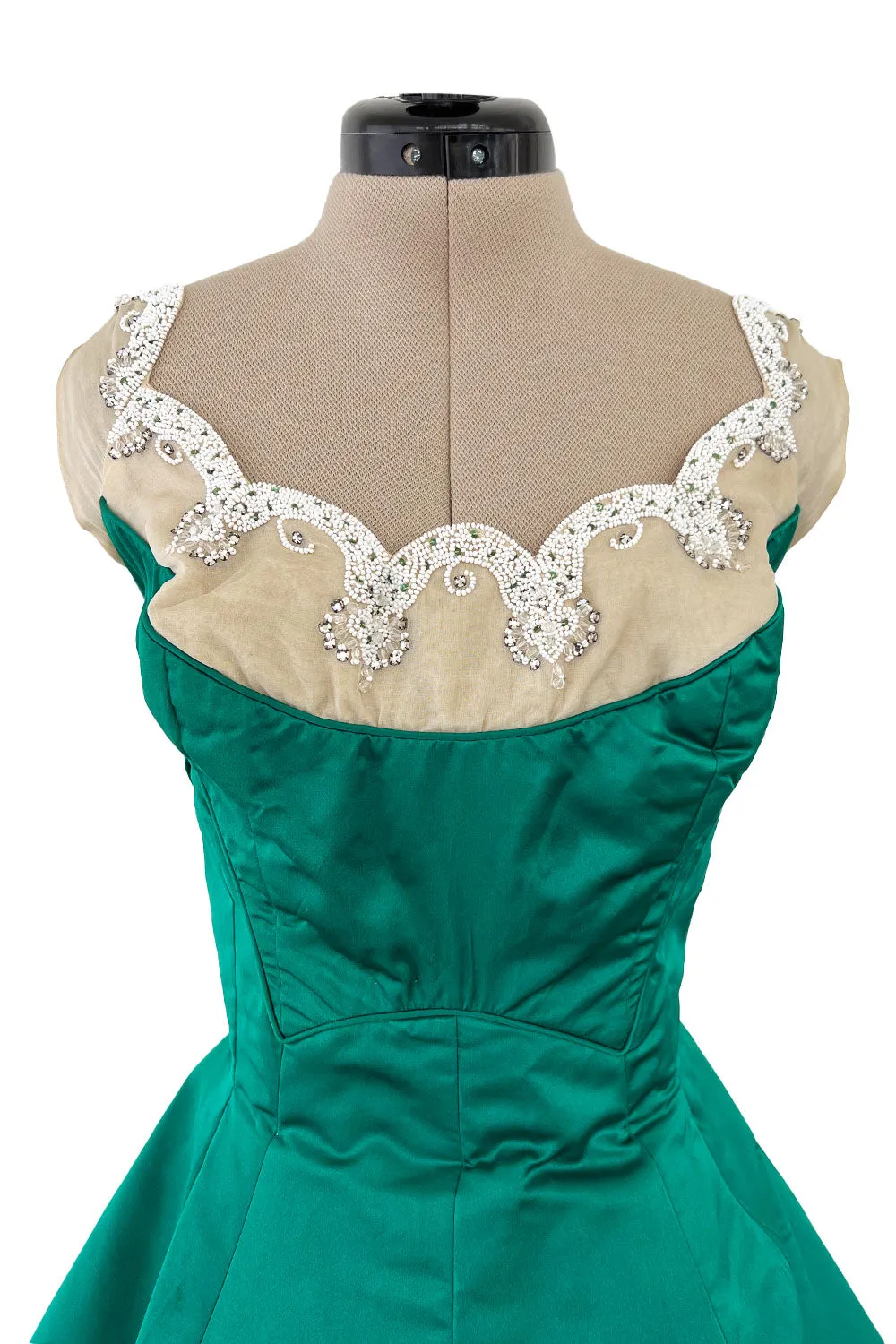 Pretty Little 1950s Jobere New York Brilliant Green Silk Satin Dress w Bead & Rhinestone Detail