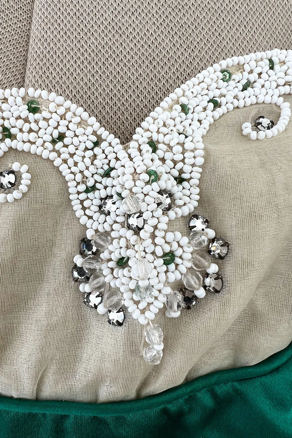 Pretty Little 1950s Jobere New York Brilliant Green Silk Satin Dress w Bead & Rhinestone Detail