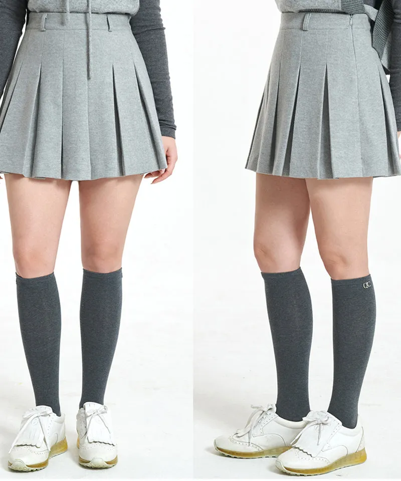 Q.C PLAY: Winter Fleece Woven Pleated A-Line Back Banding Skirt - Gray
