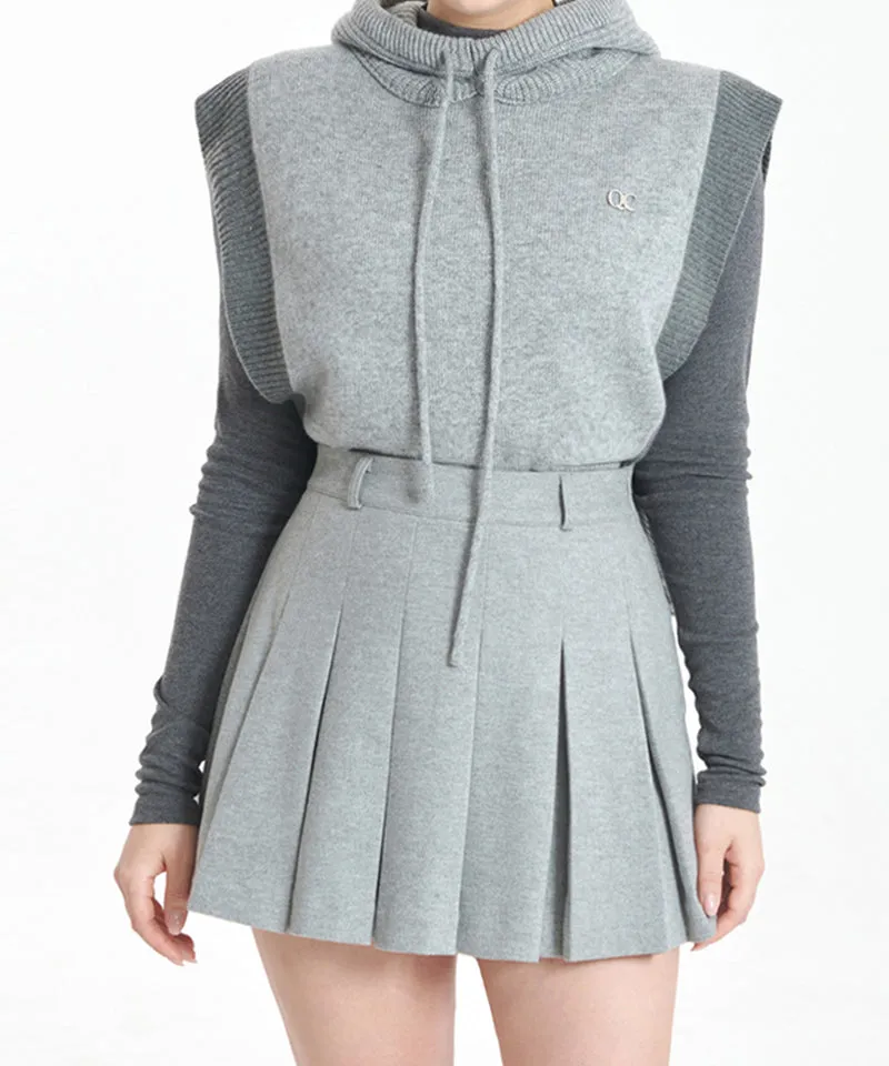 Q.C PLAY: Winter Fleece Woven Pleated A-Line Back Banding Skirt - Gray