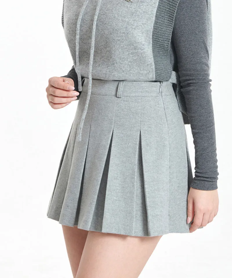 Q.C PLAY: Winter Fleece Woven Pleated A-Line Back Banding Skirt - Gray