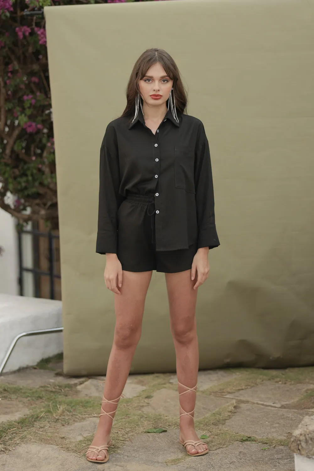 RENATA SET Button Down Polo and Short Set (Black Linen)