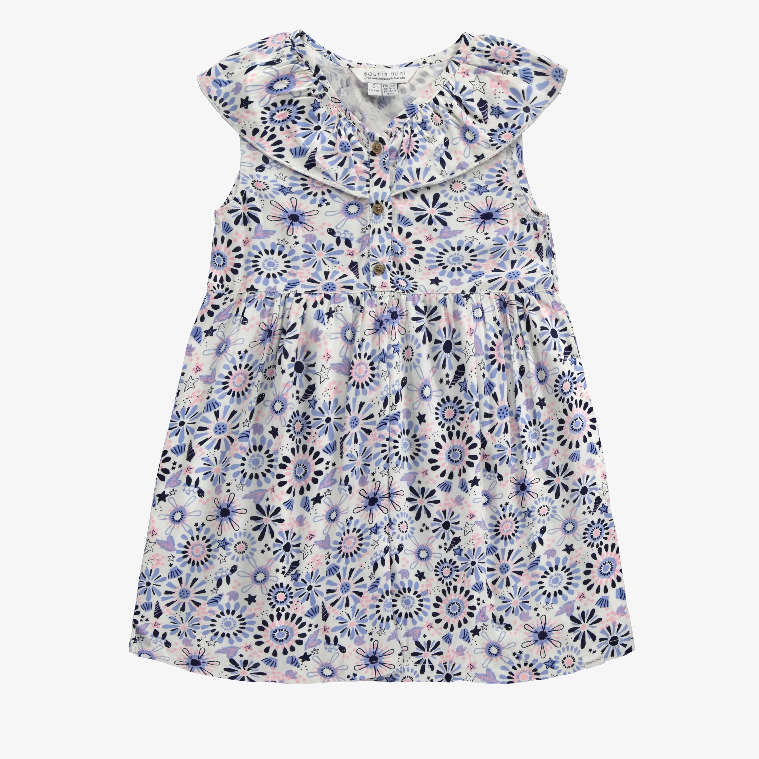 Robe coupe ajustée/évasée blanche avec motif floral en viscose, enfant || Slim fit flared white dress with floral print in viscose, child 