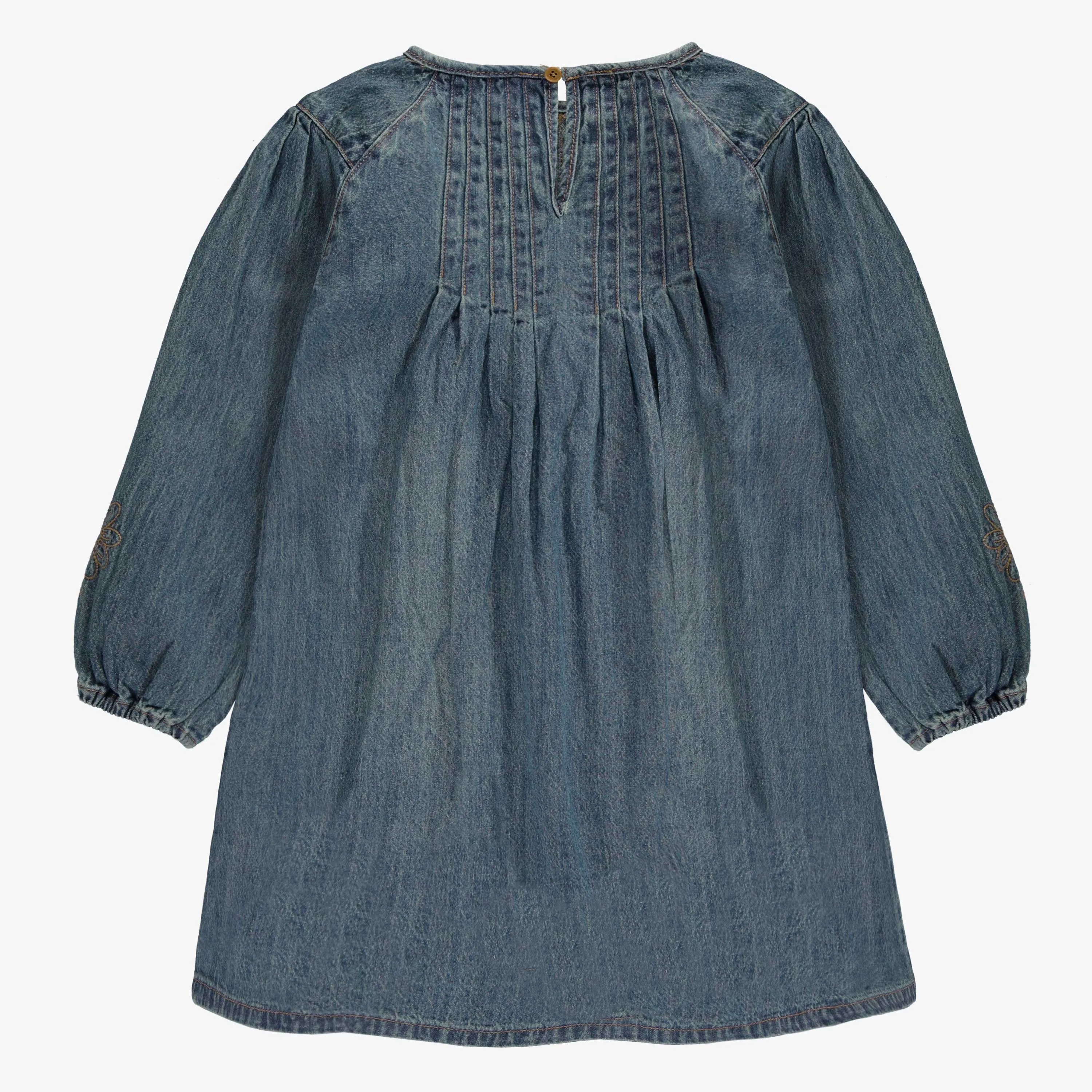 Robe coupe régulière/évasée à manches longues avec effet plissé en denim léger, bleu foncé, enfant || Long-sleeved regular fit/flared dress with pleated effect in light denim, dark blue, child