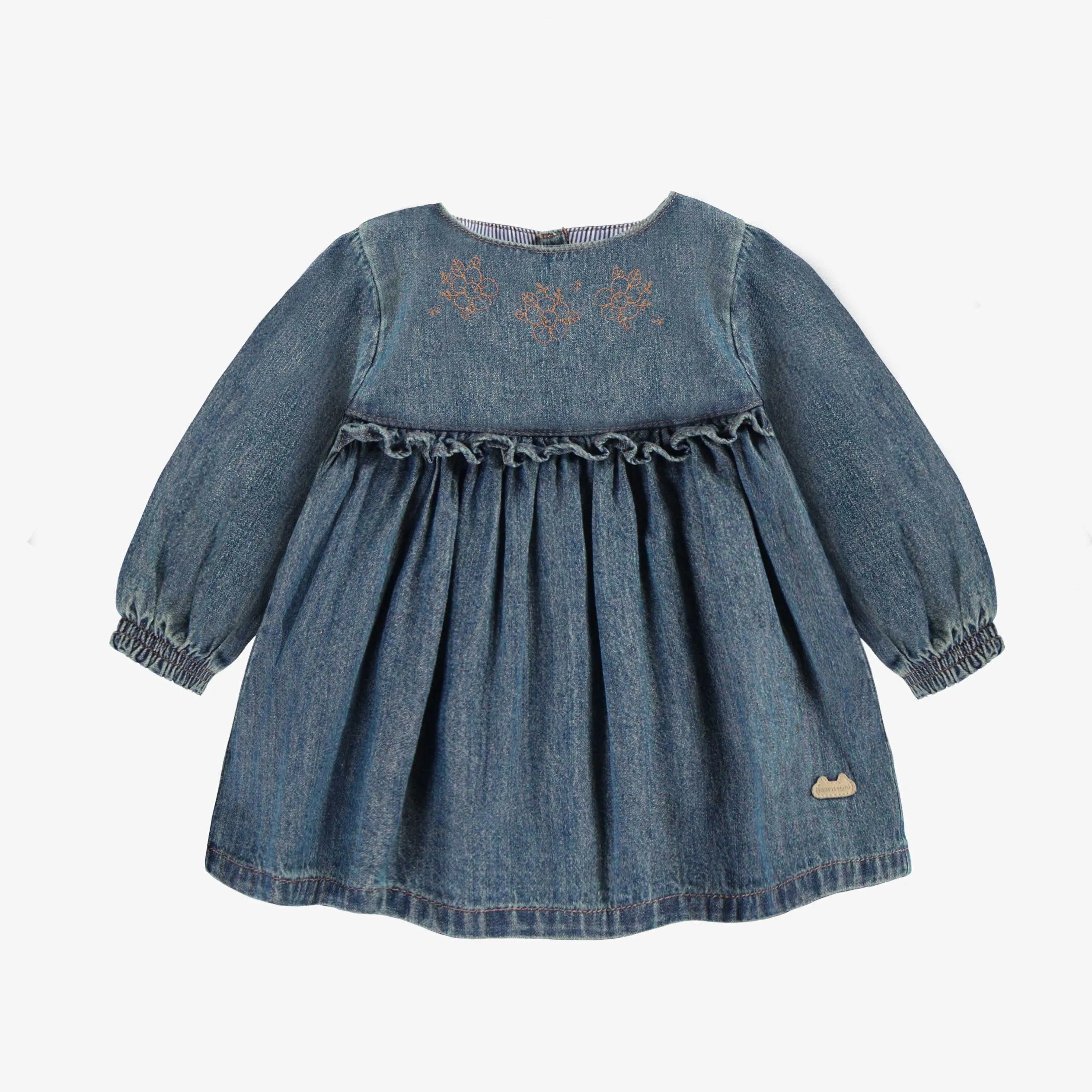 Robe coupe régulière/évasée à manches longues en denim bleu foncé, naissance  || Medium blue denim dress regular and flare fit with long sleeves, newborn