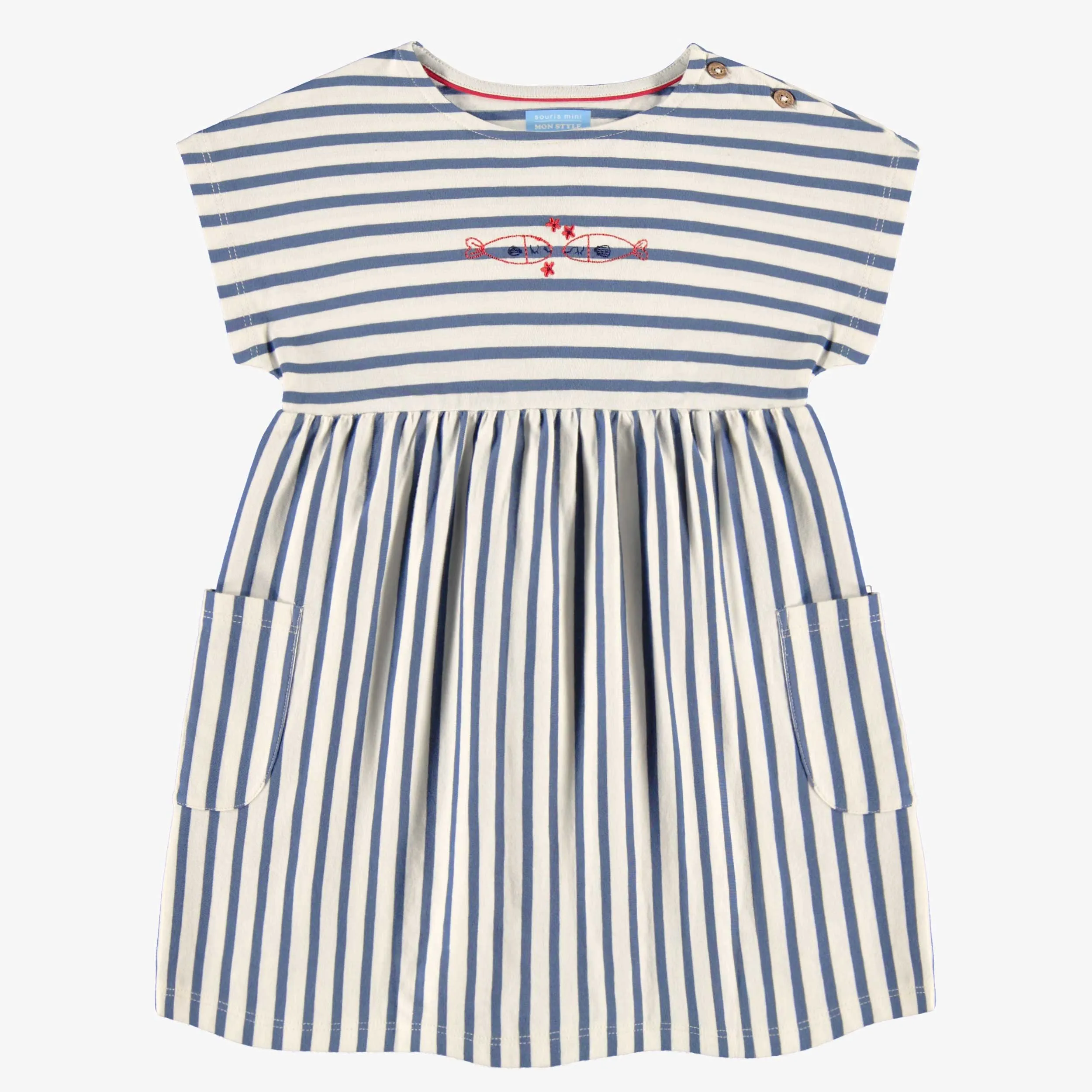 Robe crème et bleue à rayures, enfant || Cream and blue dress with stripes, child