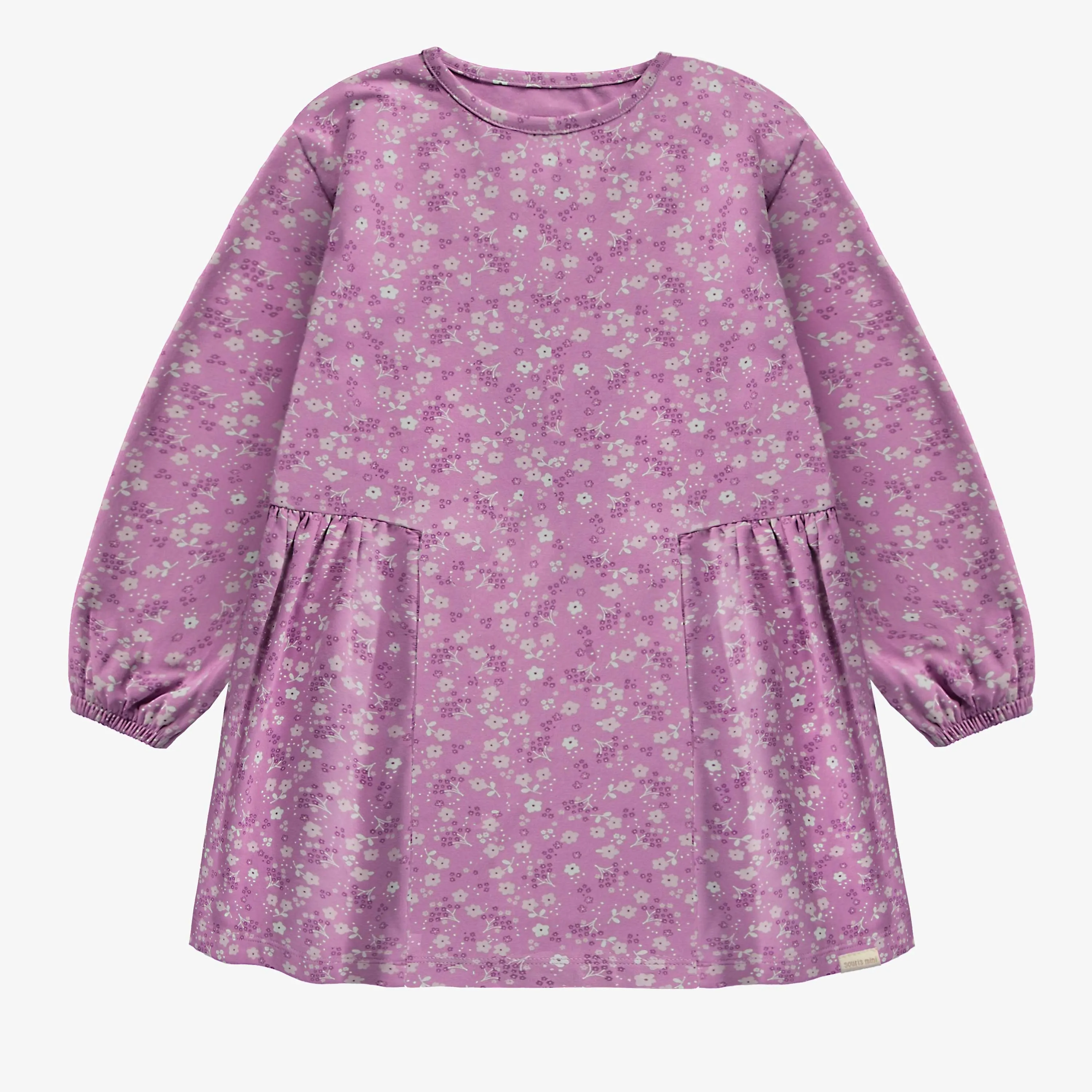 Robe de coupe évasée manches longues mauve fleuri en jersey, enfant || Purple flowery dress of flared fit and long sleeves in jersey, child