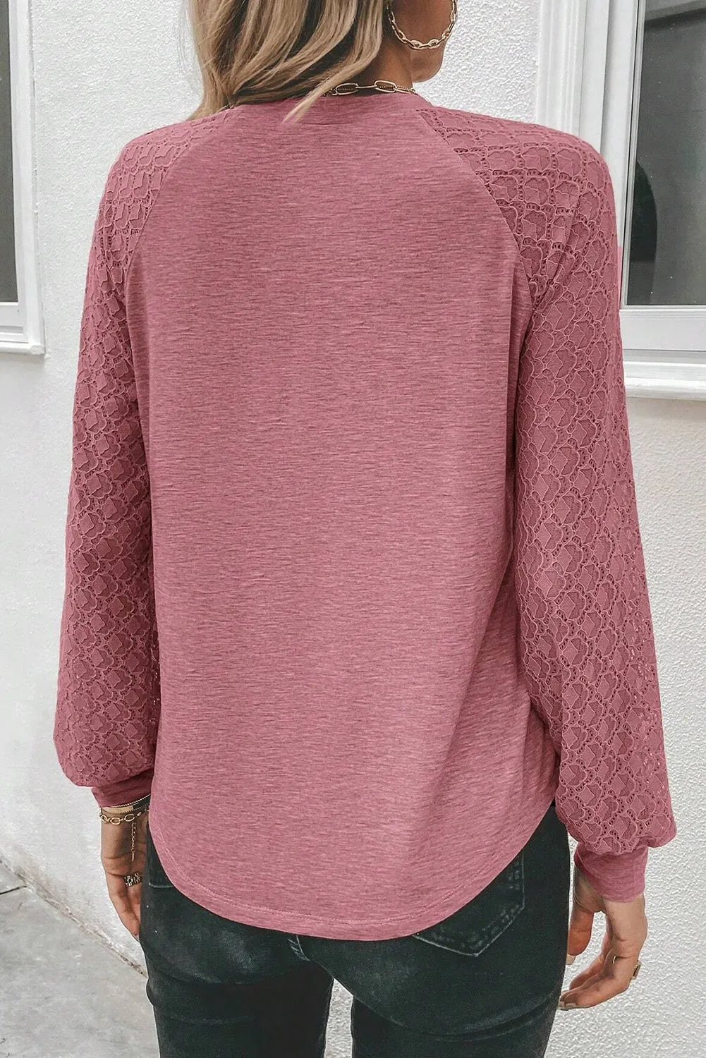 Rose Pink Contrast Lace Raglan Sleeve Plicated Round Neck Top