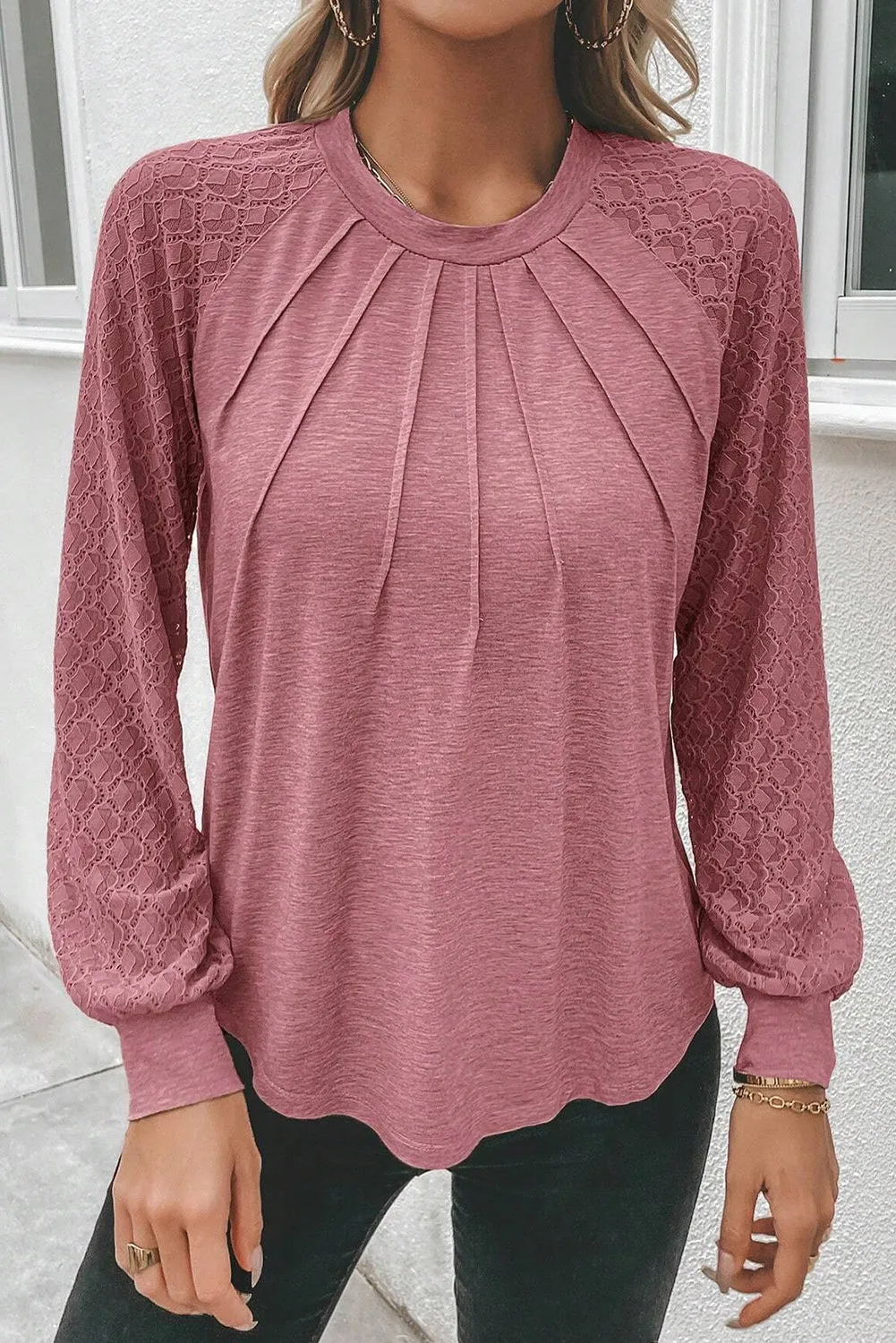 Rose Pink Contrast Lace Raglan Sleeve Plicated Round Neck Top
