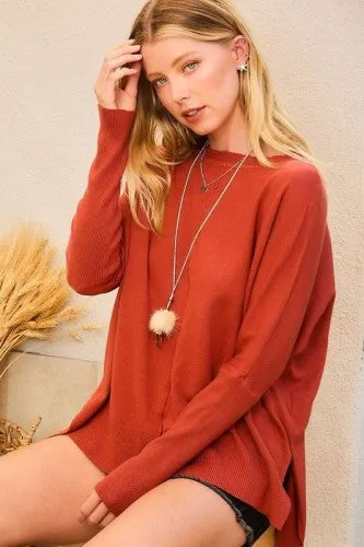 Round Neck Side Slit Hi-Lo Sweater