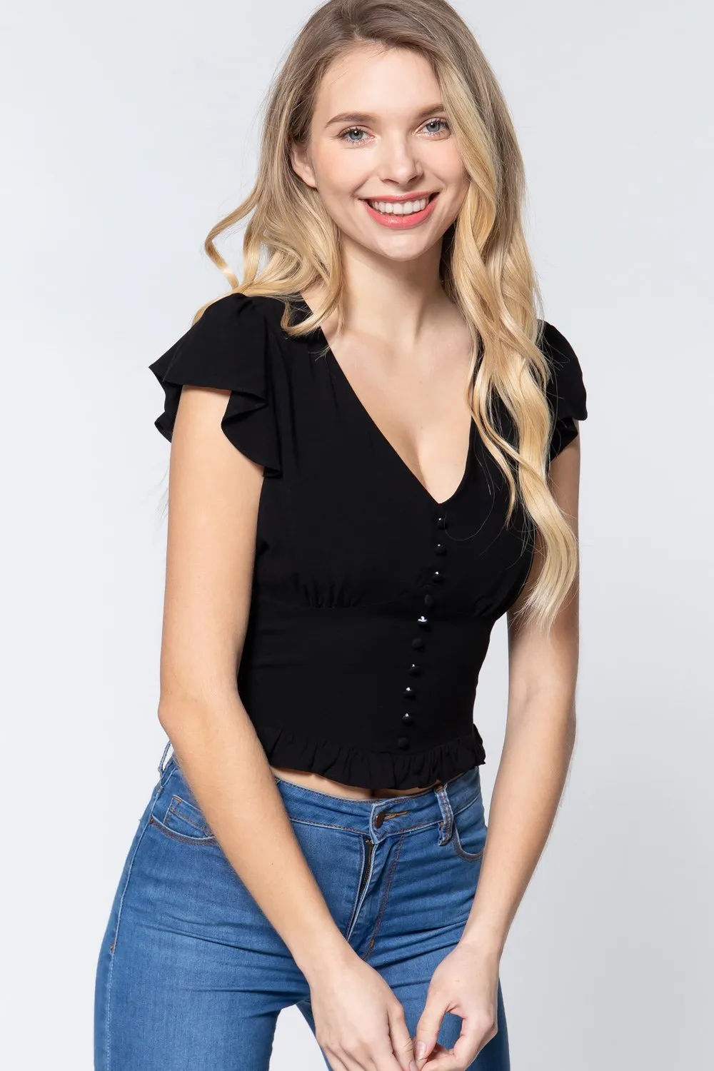 Ruffl Slv V-neck Smocking Woven Top