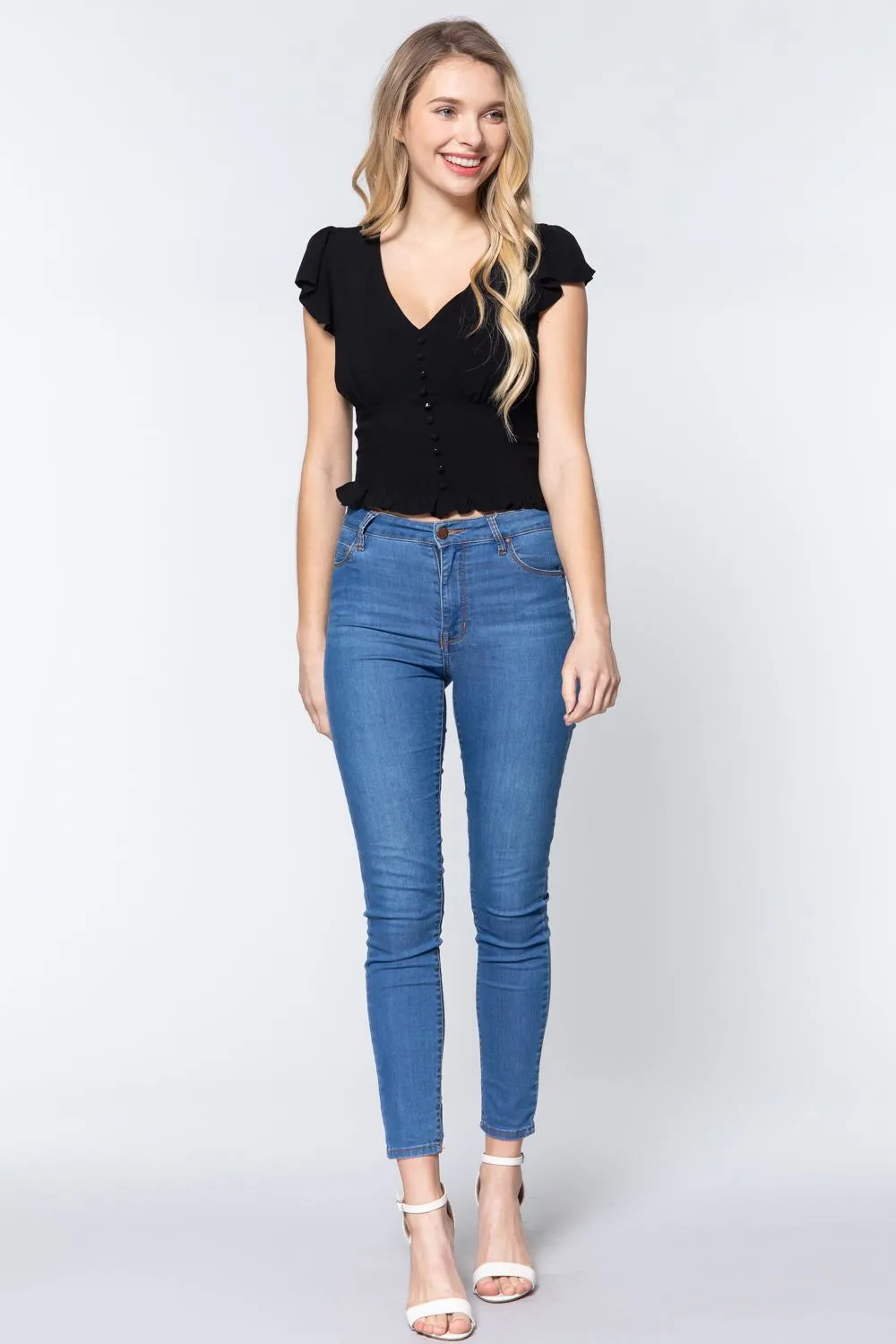 Ruffl Slv V-neck Smocking Woven Top