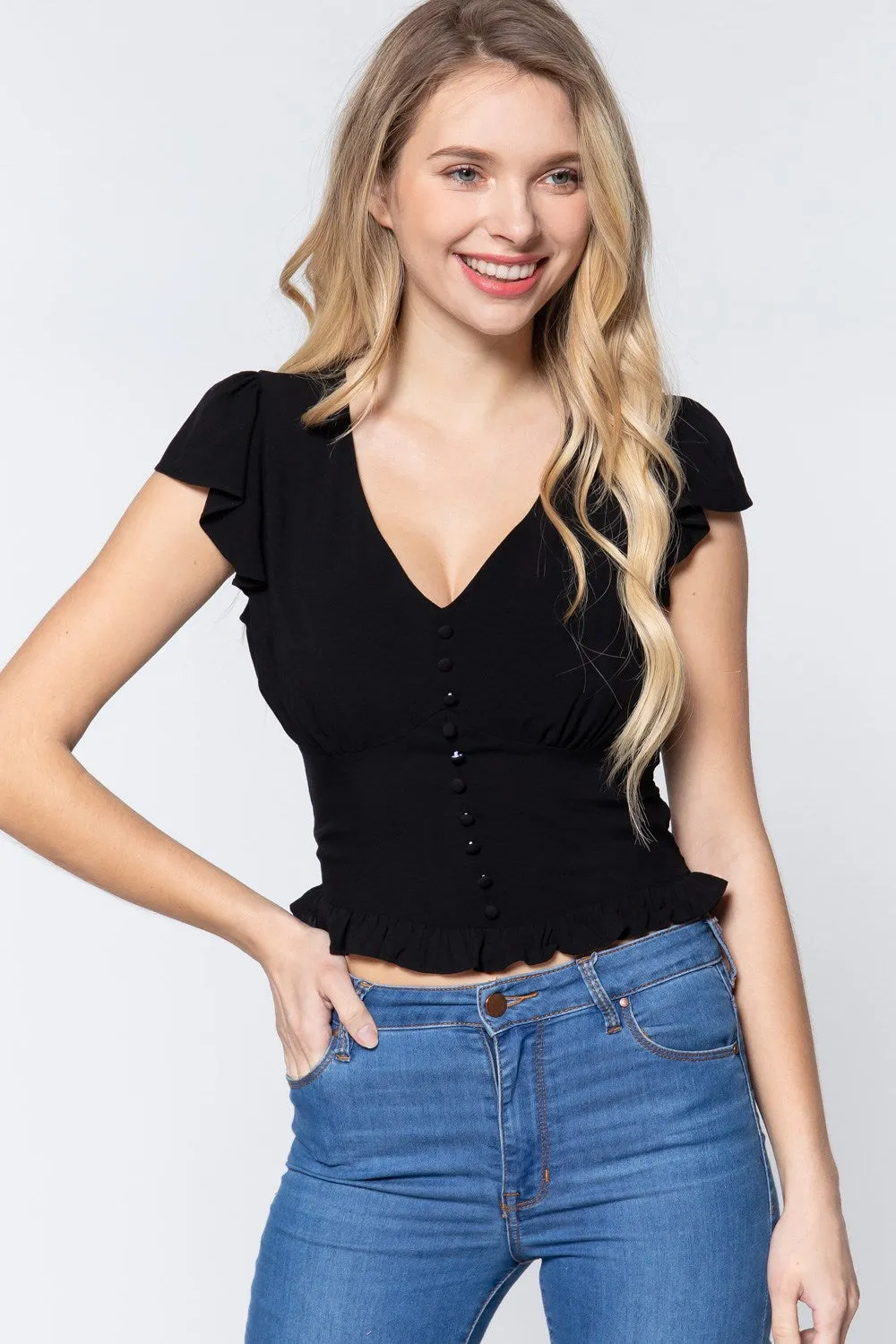 Ruffl Slv V-neck Smocking Woven Top