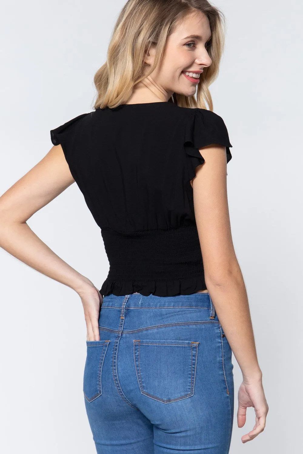 Ruffl Slv V-neck Smocking Woven Top