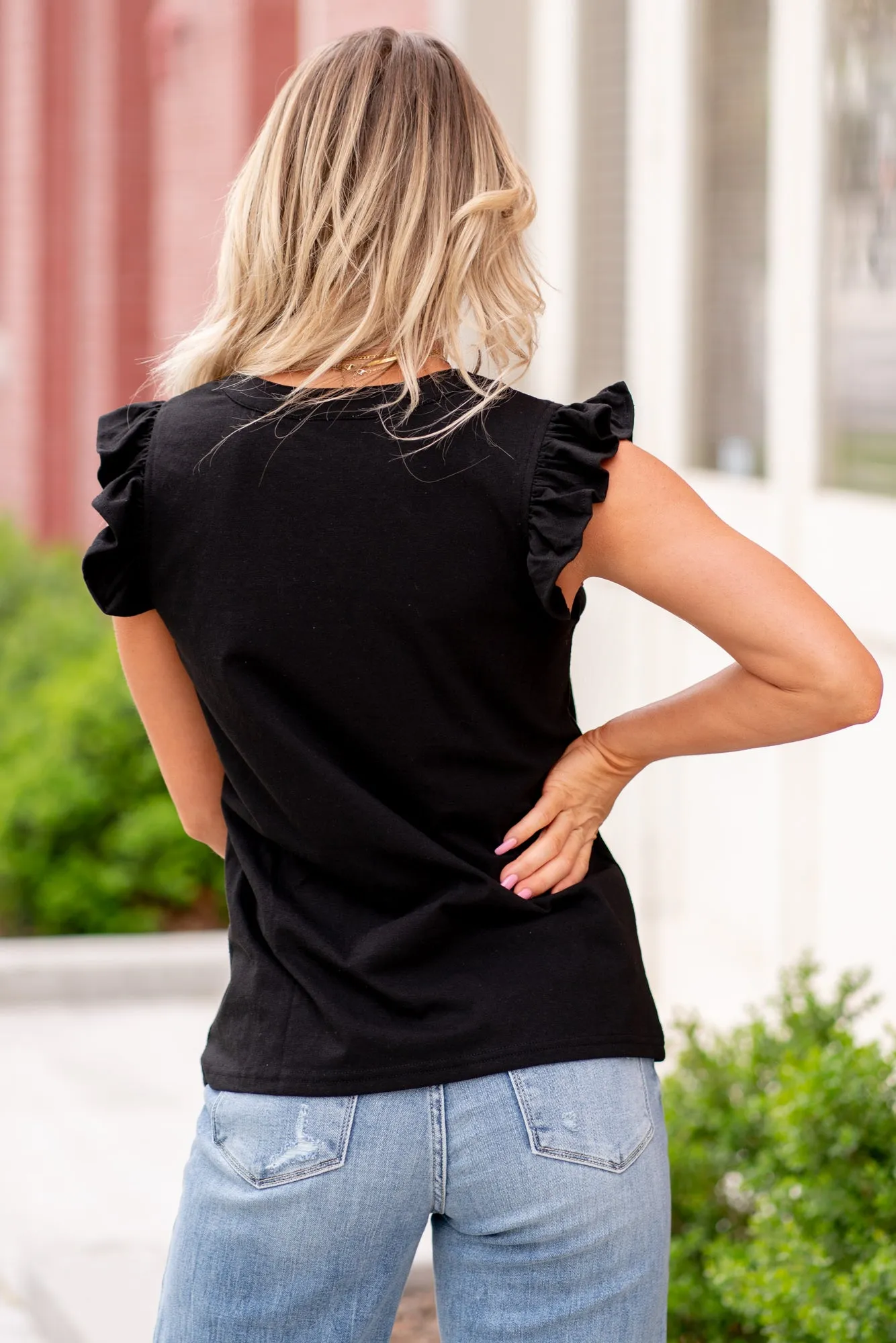 Ruffle Sleeve V Neck Top - Black