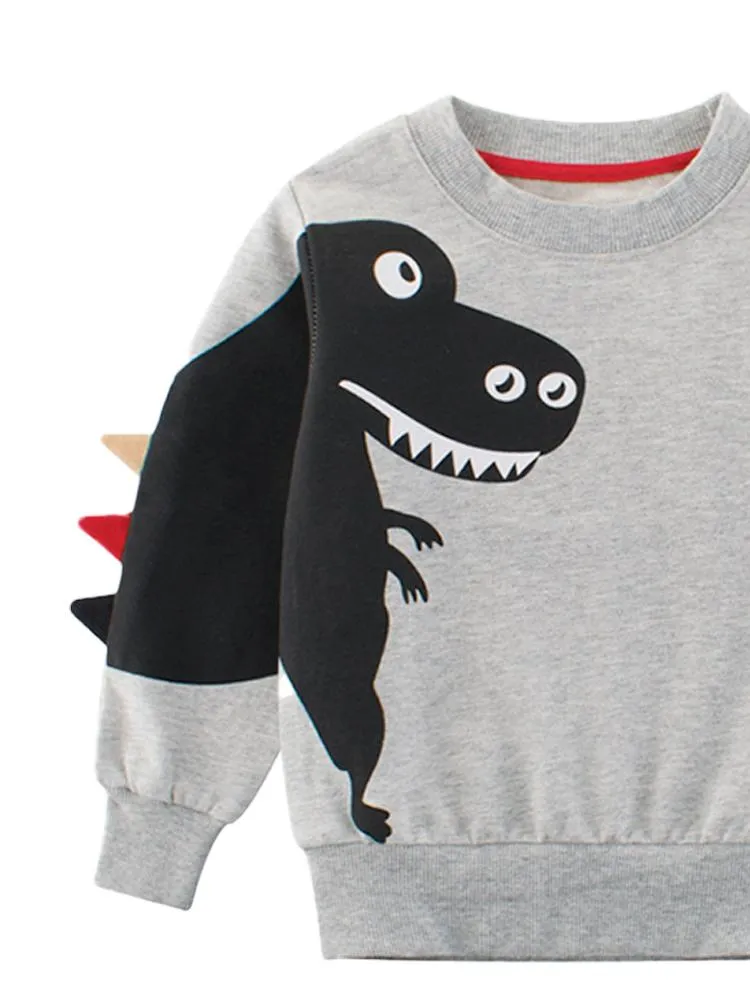 Spikes Out - Smiley T-Rex Dinosaur Boys/ Girls Sweatshirt - Grey and Black
