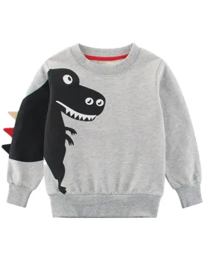 Spikes Out - Smiley T-Rex Dinosaur Boys/ Girls Sweatshirt - Grey and Black