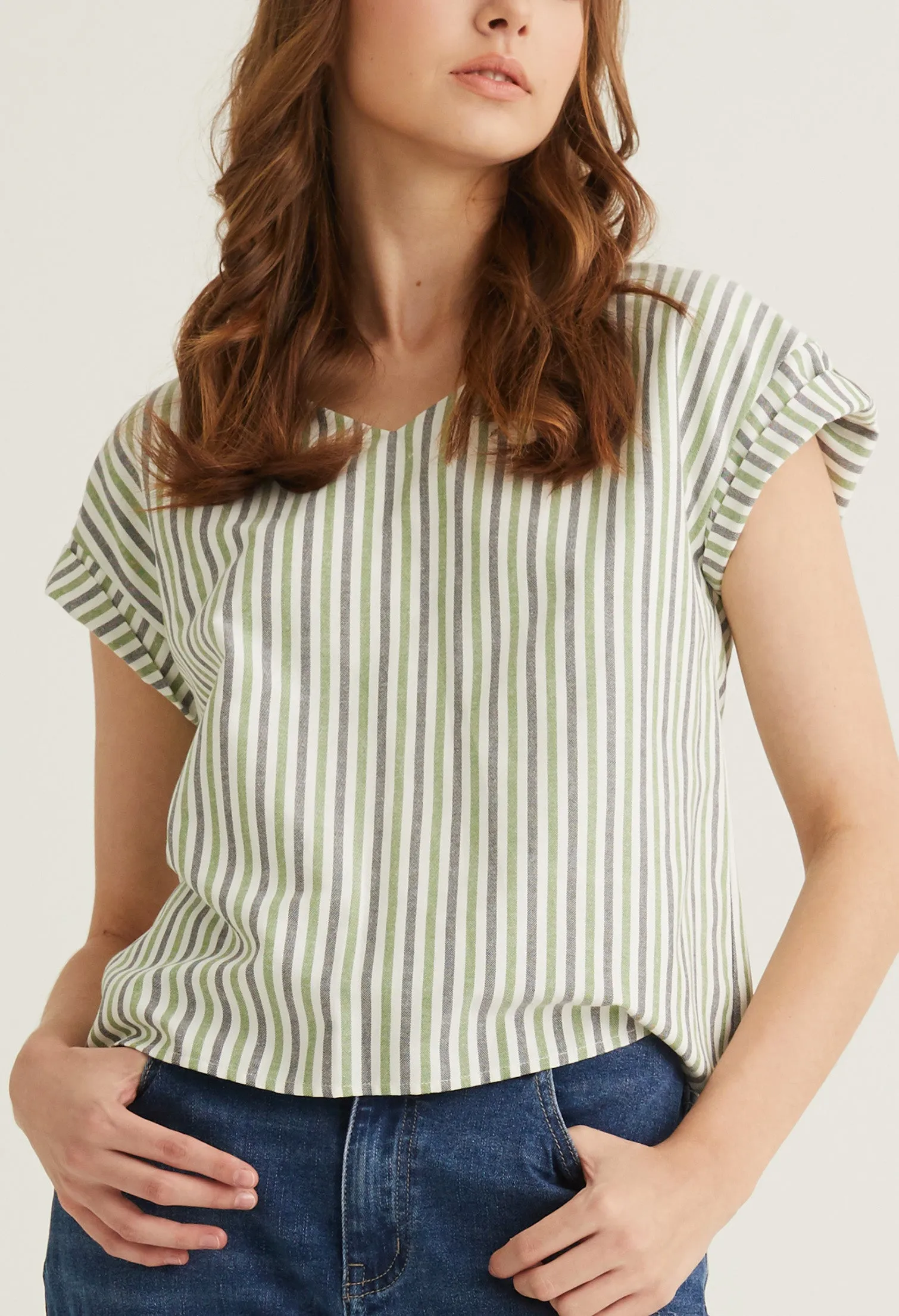 Striped V Neck Cuffed Sleeve Blouse