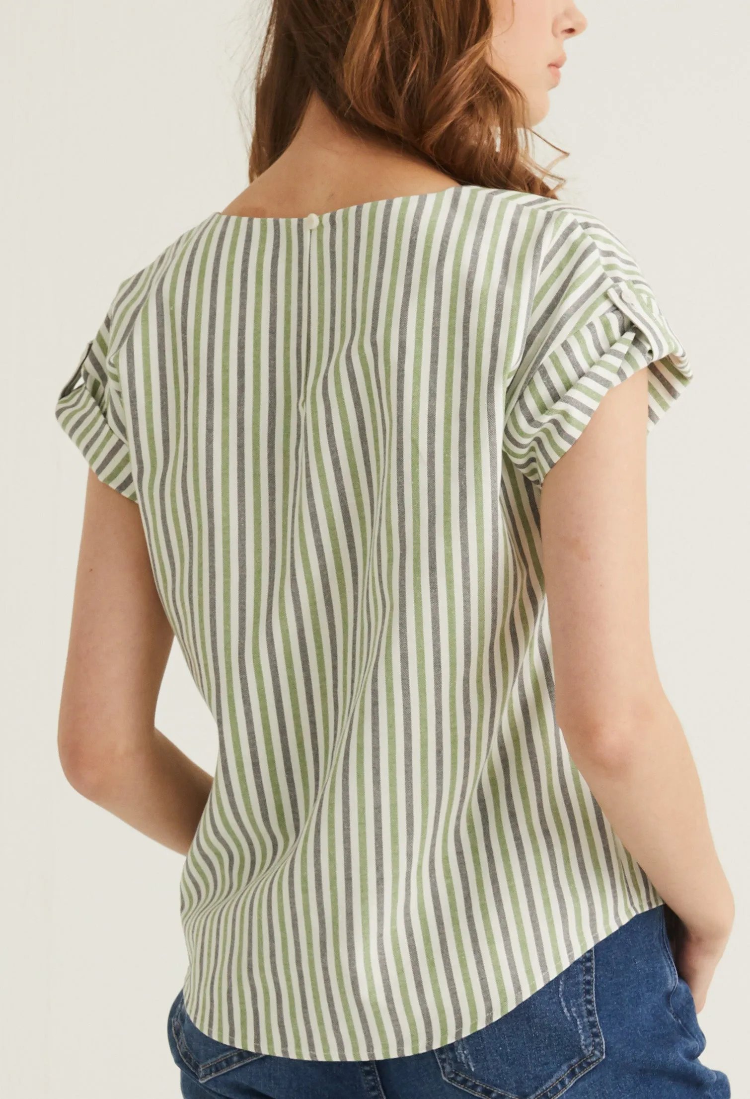 Striped V Neck Cuffed Sleeve Blouse