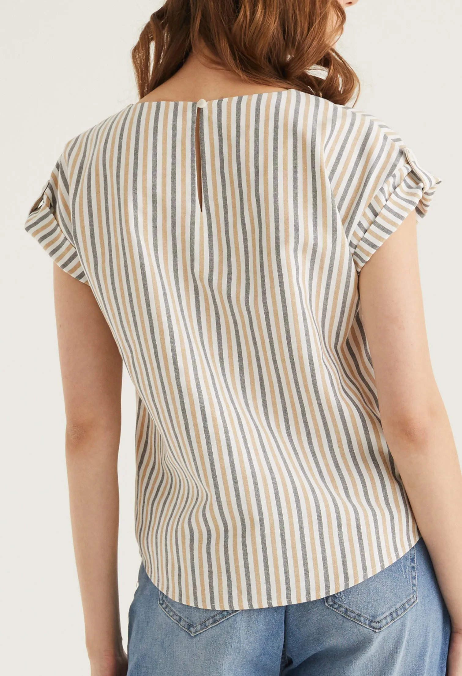 Striped V Neck Cuffed Sleeve Blouse