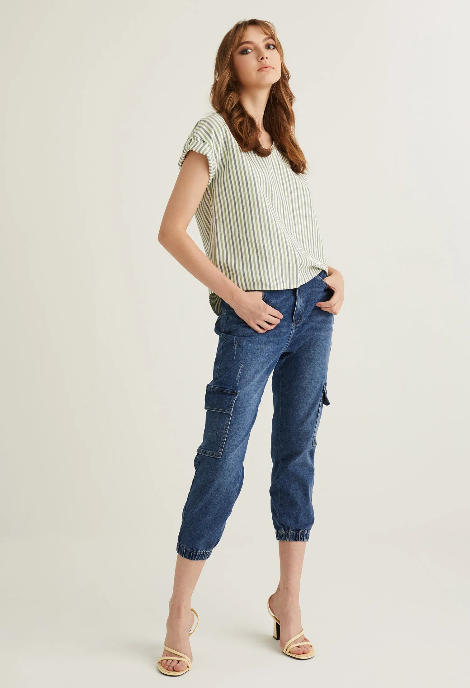 Striped V Neck Cuffed Sleeve Blouse