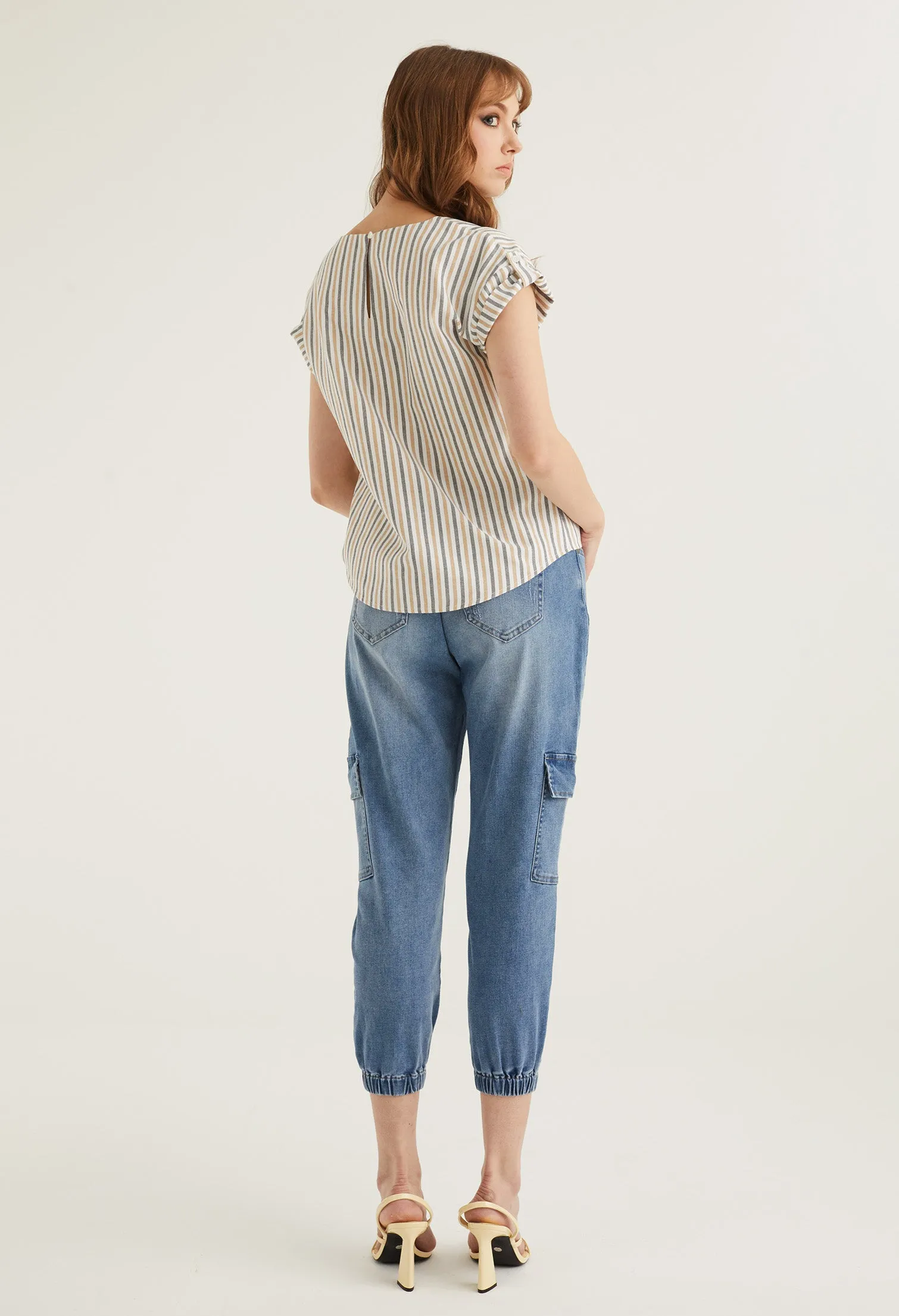 Striped V Neck Cuffed Sleeve Blouse