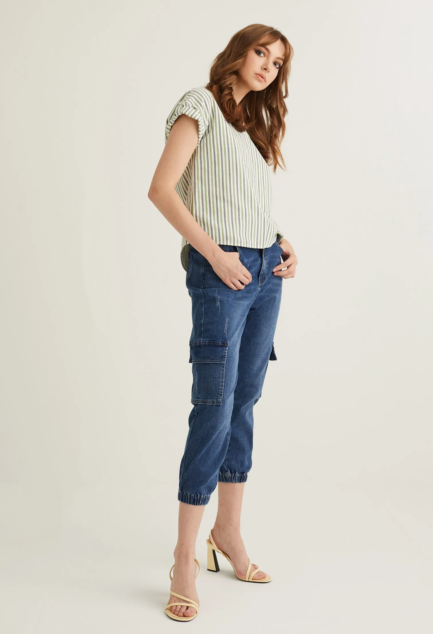Striped V Neck Cuffed Sleeve Blouse