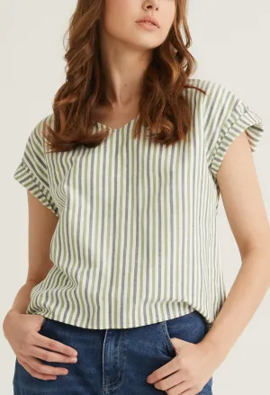 Striped V Neck Cuffed Sleeve Blouse